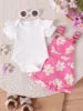 2025 Summer New Girl Baby Outdoor Casual Two-Piece Set Solid Color Short Sleeve Top Cute Cartoon Print Lace Strap Pants Children