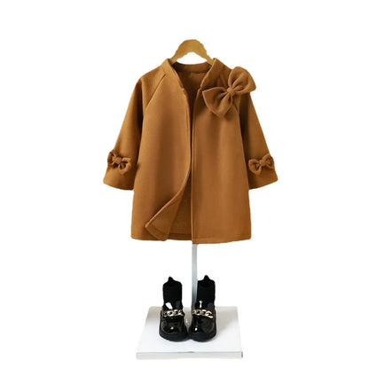 Children's Autumn/winter Women's Children Stand Collar Tweed Coat Fashion Jacket Bow Coat