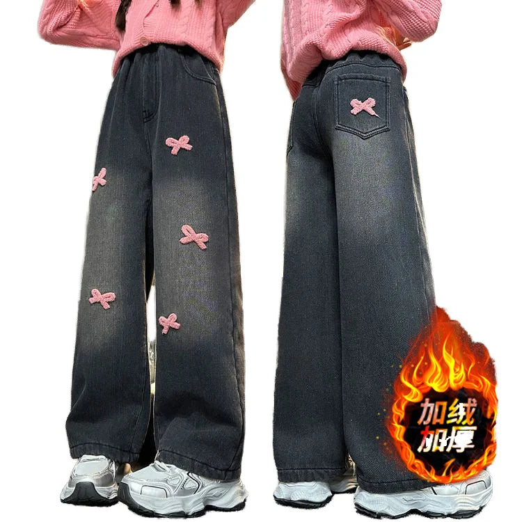 Winter New Girls' Thickened Straight Pants Loose Wide Leg Fleece-Lined Denim Pants for Large Children Embroidered Casual Washed