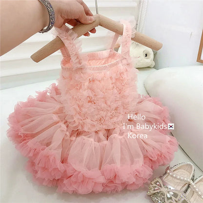 Girls Summer Casual Princess Tutu Puffy Yarn Knitting Printed Dress Polyester/Cotton Material Children 3-8 Years 1-Year Birthday