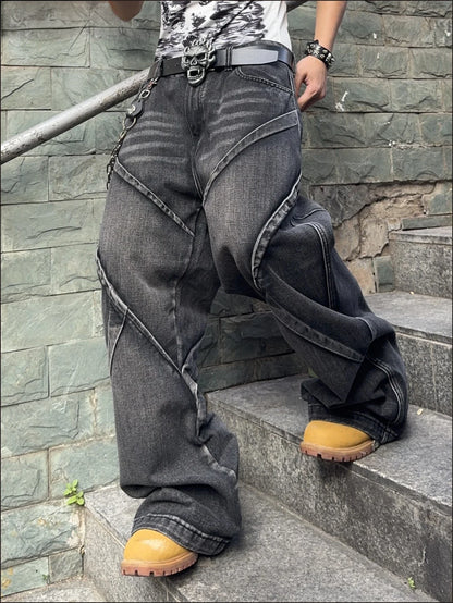 Men's Baggy Jeans Streetwear Contrast Stitching Wide Leg Denim Pants  Loose Fit Jeans for Men