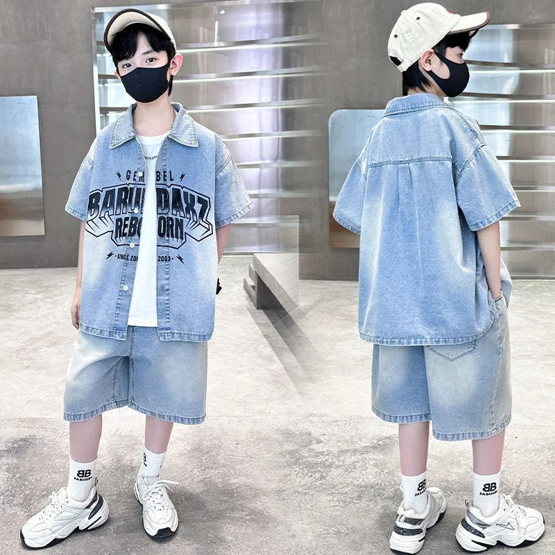 Children and Boys Summer Cowboy Suit Denim 2026 New Two-piece Thin Short Medium/Large Explosions