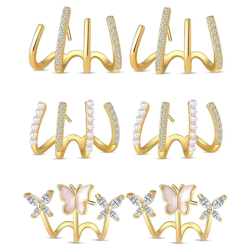ZF Gold Zircon Butterfly Claw Piercing Stud Set Elegant Minimalist Dinner Party Women Fashion Jewelry Accessories