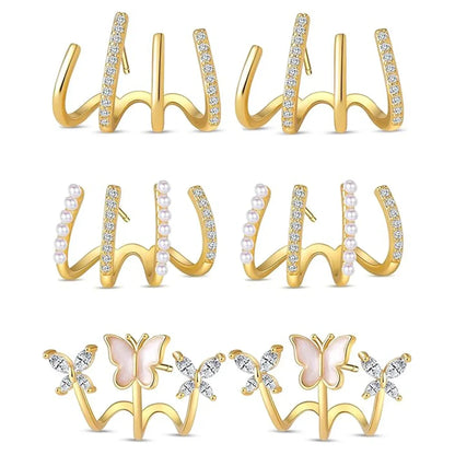 ZF Gold Zircon Butterfly Claw Piercing Stud Set Elegant Minimalist Dinner Party Women Fashion Jewelry Accessories