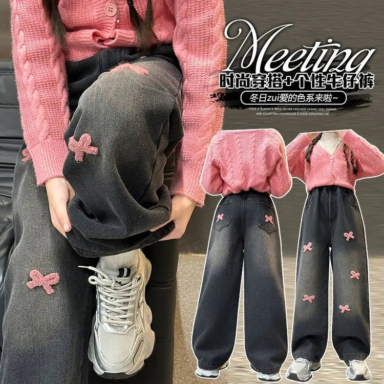 Winter New Girls' Thickened Straight Pants Loose Wide Leg Fleece-Lined Denim Pants for Large Children Embroidered Casual Washed