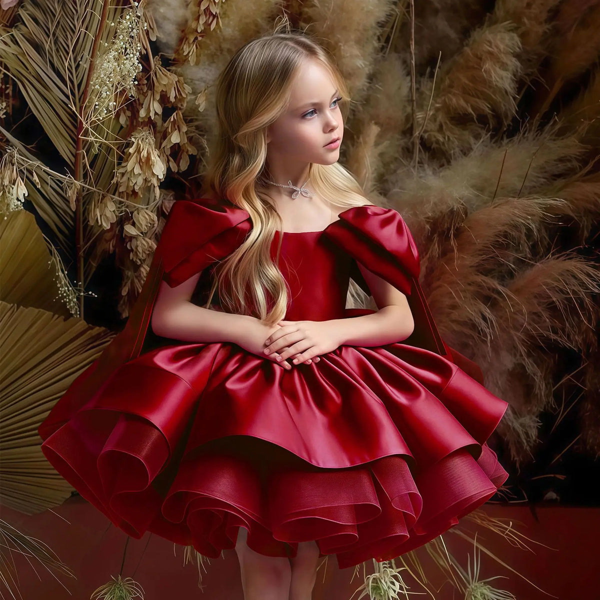 High Quality Girls Wine Red Princess Dress Skirt Bowknot Elegant O-Neck Gown for Birthday Piano Performance for Children