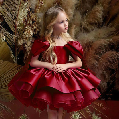 High Quality Girls Wine Red Princess Dress Skirt Bowknot Elegant O-Neck Gown for Birthday Piano Performance for Children