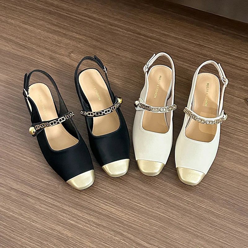2026 Summer New Women One Strap Color Block Closed Toe Sandals square Toe Backless Low Heel Casual Shoes