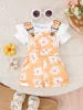 2025 Summer New Girl Baby Outdoor Casual Two-Piece Set Solid Color Short Sleeve Top Cute Cartoon Print Lace Strap Pants Children