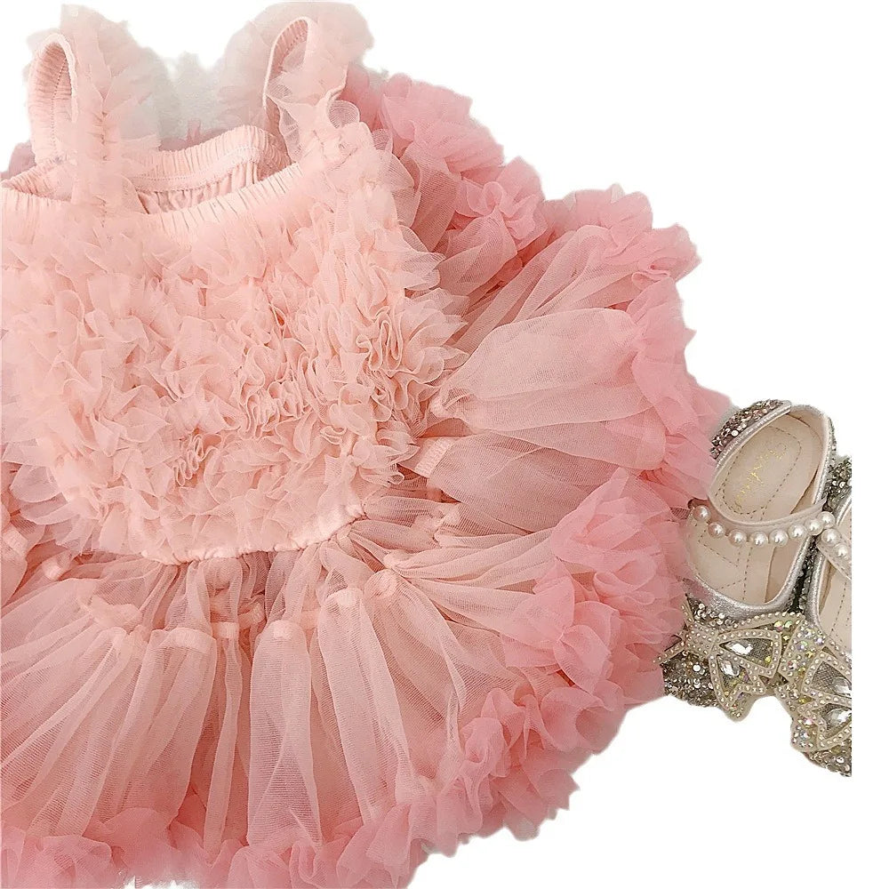Girls Summer Casual Princess Tutu Puffy Yarn Knitting Printed Dress Polyester/Cotton Material Children 3-8 Years 1-Year Birthday