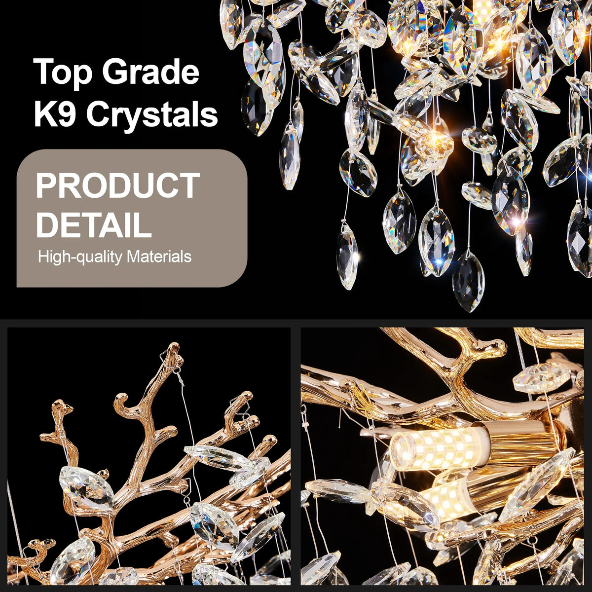 Modern Tree Branch Crystal Chandelier Luxury Gold Crystal Pendant Lighting 23.6" Contemporary 6 Light Chandeliers for LivingRoom