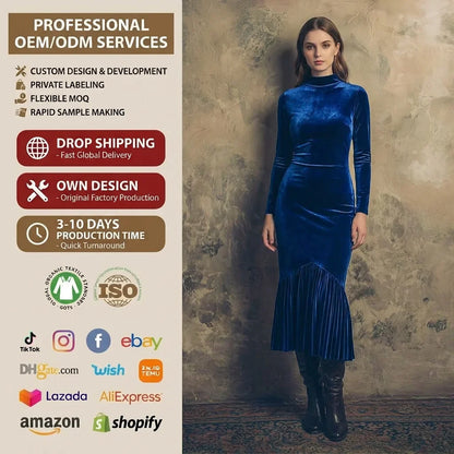 Autumn Winter Spring Women Breathable Woven Washable Midi Dress Long Sleeves Solid Vintage Casual Party Knee-Length Natural