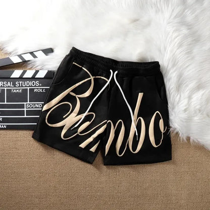 Men's Shorts Foam Letters Print Drawstring Loose Casual Pants Men Women Couple Beach Holiday Shortpant