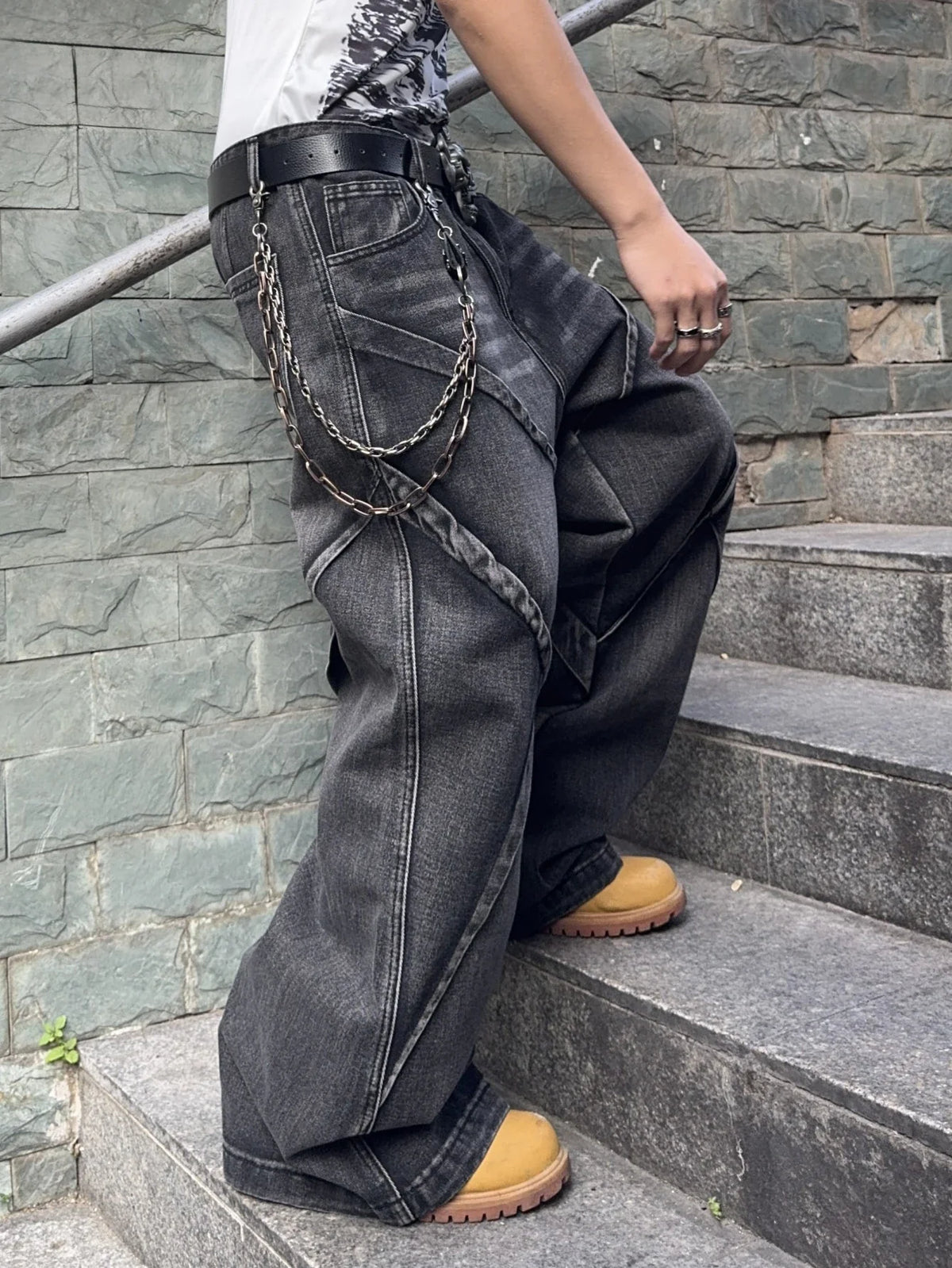Men's Baggy Jeans Streetwear Contrast Stitching Wide Leg Denim Pants  Loose Fit Jeans for Men
