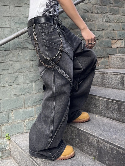 Men's Baggy Jeans Streetwear Contrast Stitching Wide Leg Denim Pants  Loose Fit Jeans for Men