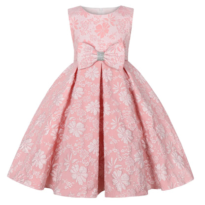 Kids 2-14 Years Birthday Party Flower-Girls Wedding Gown Children Graduation Evening O-Neck Embroidery Crystal Bow Princess