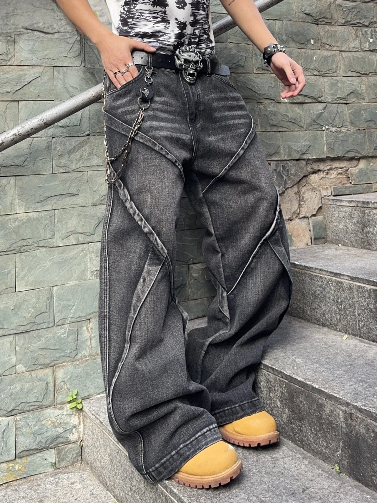 Men's Baggy Jeans Streetwear Contrast Stitching Wide Leg Denim Pants  Loose Fit Jeans for Men