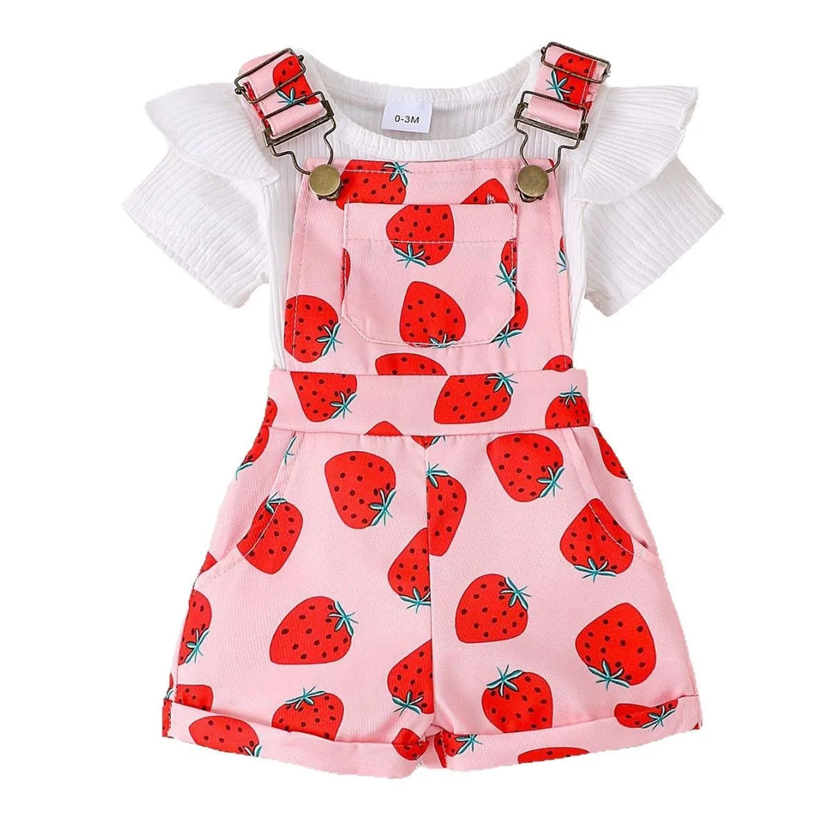 2025 Summer New Girl Baby Outdoor Casual Two-Piece Set Solid Color Short Sleeve Top Cute Cartoon Print Lace Strap Pants Children