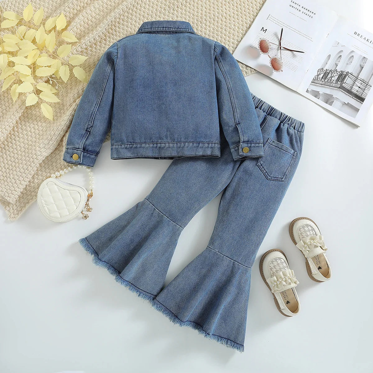 Autumn Spring Girls Clothing Set Casual Cotton Denim with Long Sleeve Jacket and Flared Pants Solid Color for Children