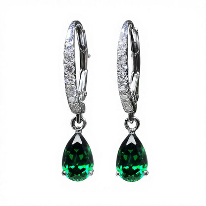 Trendy Green Crystal & Rhinestone Drop Earrings with Claw Setting for Women Silver Plated Alloy Pear Cut Party Accessories