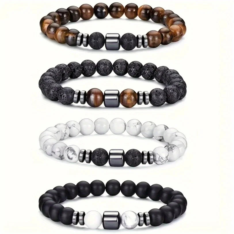 4pcs/set Men'S Beaded Bracelet, Tiger Eye Howlite Hematite Spacer Elastic Bracelets,Daily Wear for Men and Women,Mother'S  Gifts