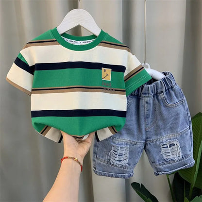 Boys Summer  New Boutique Design Outfits CottonSet Baby Boys Short Sleeve Shirt Jeans Shorts 2pcsClothing Children 67 8Y