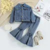 Autumn Spring Girls Clothing Set Casual Cotton Denim with Long Sleeve Jacket and Flared Pants Solid Color for Children