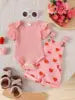 2025 Summer New Girl Baby Outdoor Casual Two-Piece Set Solid Color Short Sleeve Top Cute Cartoon Print Lace Strap Pants Children