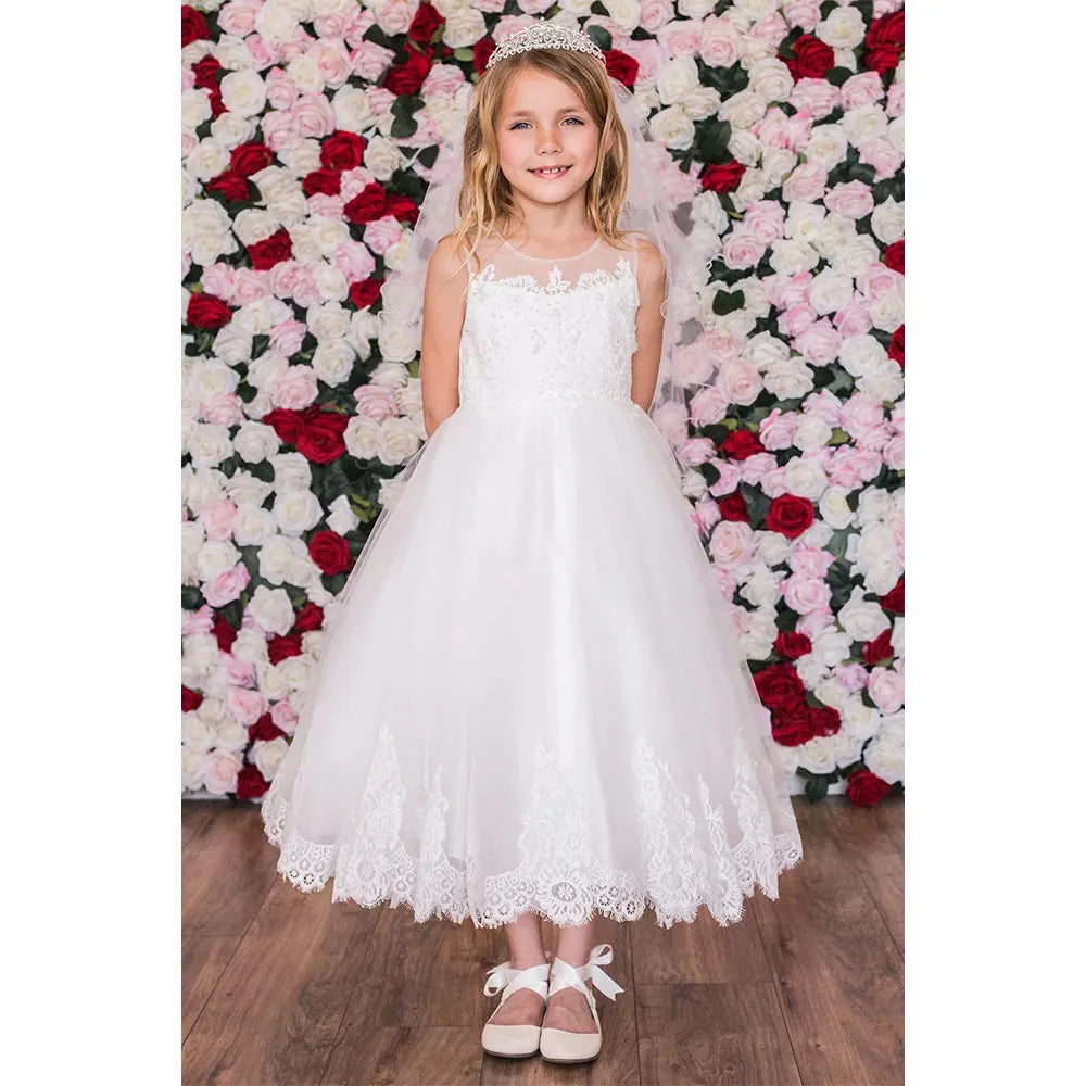 Ready Shipping Online Wholesale Hot Sell Children Special Occasion Wedding Party Sleeveless Round Neck a Line Flower Girls Dress