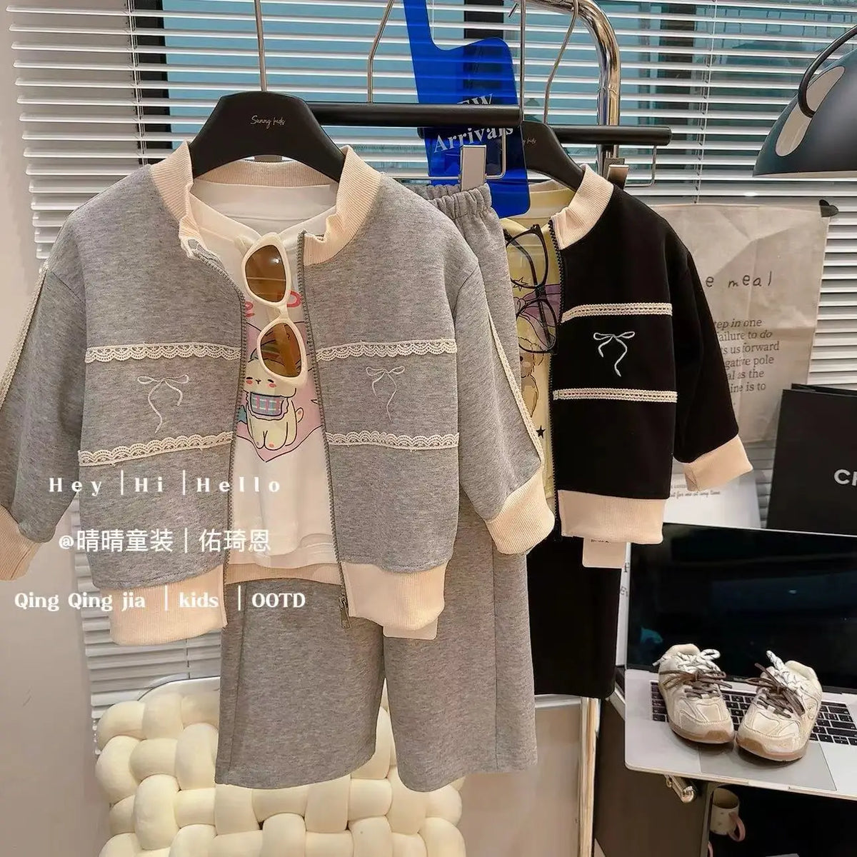 Spring and Autumn 1-12 Year Old Girls Set Korean Bowknot Pure Color Baby Set 25 New Korean Medium and Large Children 2-piece Set