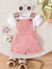 2025 Summer New Girl Baby Outdoor Casual Two-Piece Set Solid Color Short Sleeve Top Cute Cartoon Print Lace Strap Pants Children