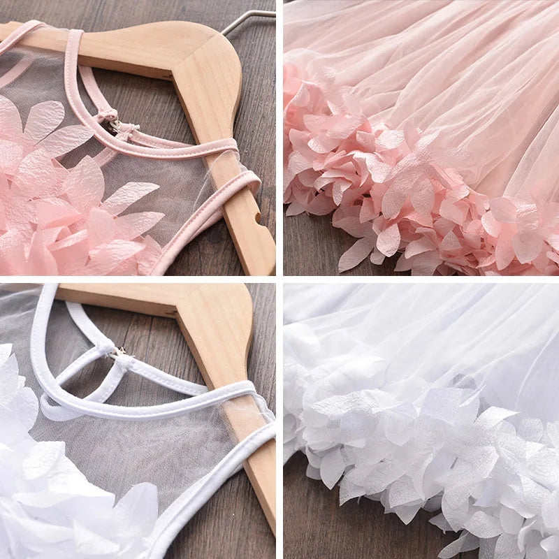 Summer Tank Sleeveless Girls Dresses Sweet Princess Baby Kids Clothing Party Children White Pink Applique EAZ666