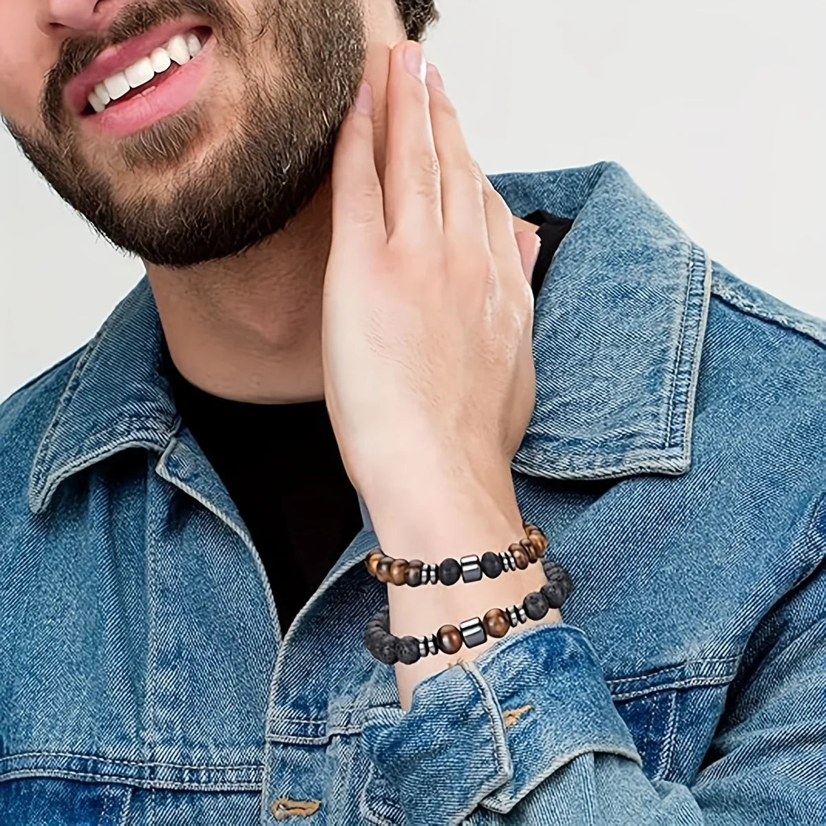 4pcs/set Men'S Beaded Bracelet, Tiger Eye Howlite Hematite Spacer Elastic Bracelets,Daily Wear for Men and Women,Mother'S  Gifts