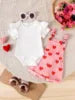 2025 Summer New Girl Baby Outdoor Casual Two-Piece Set Solid Color Short Sleeve Top Cute Cartoon Print Lace Strap Pants Children