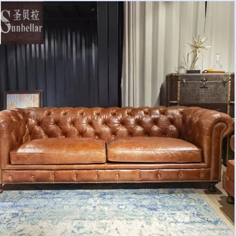 Antique High Quality Vintage Genuine Leather Chesterfield Sofa Set 100% Top Grain Leather Tufted Sponge Luxury Living Room