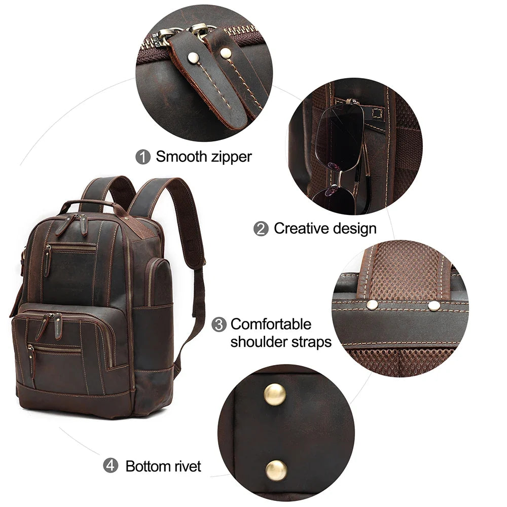 Men's Retro Luxury Fashion Style Leather Daypack for Travel and School Luxury Leather Bagpack for Men