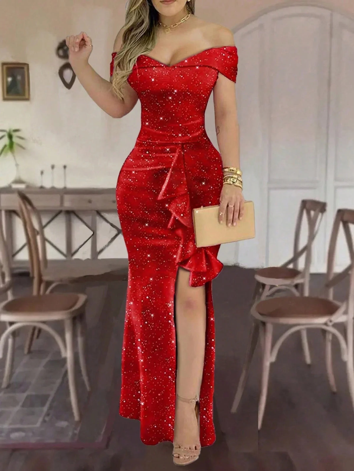 Elegant Off Shoulder Women Velvet Dresses V Neck Lady Luxury Rhinestone Party Evening Gown Dress