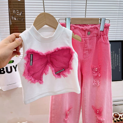 Girls' Summer Two-Piece Suit Sleeveless Ripped Jeans with Floral Denim for Older Children