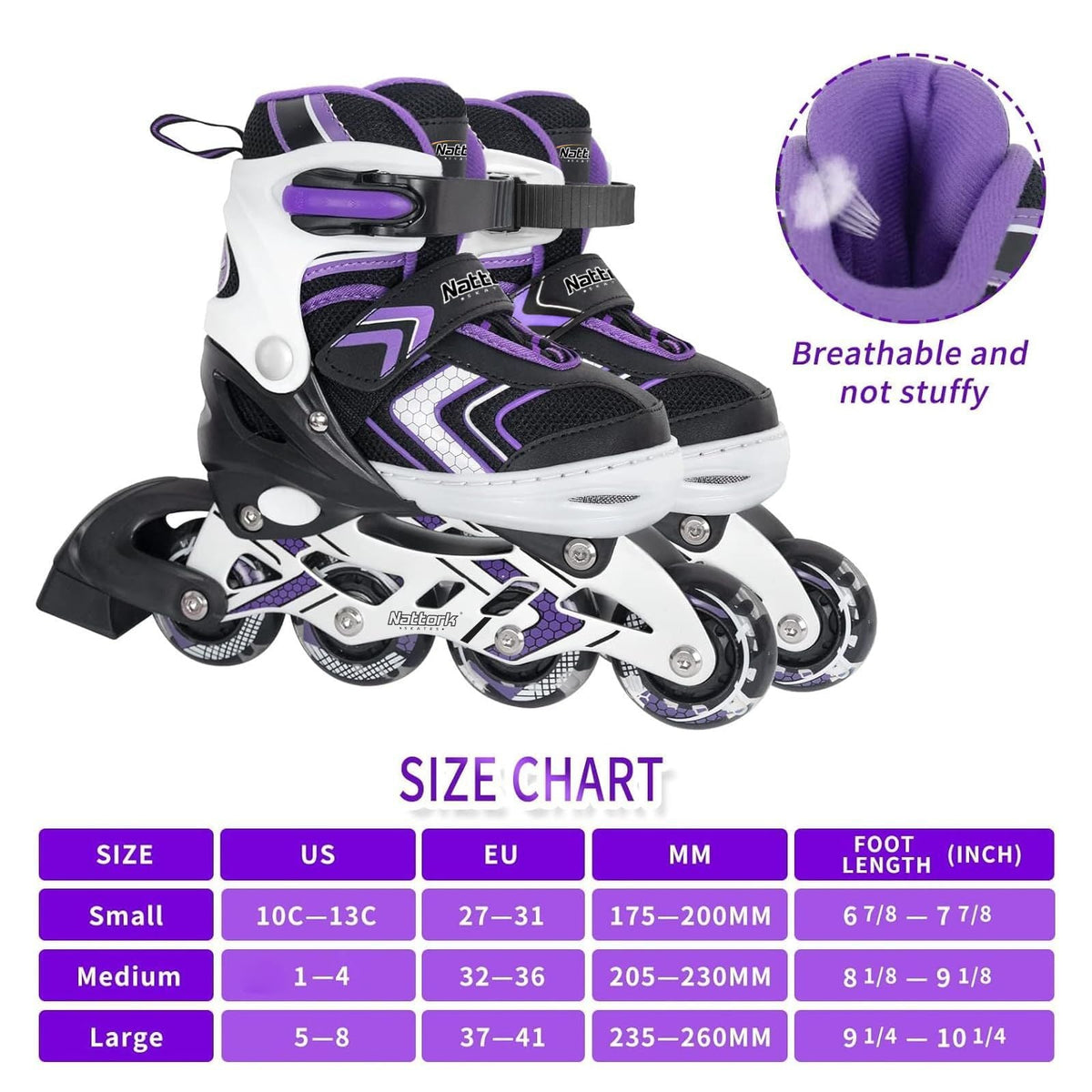 Adjustable Inline Skates Light-Up Wheels – Purple Size 8-12