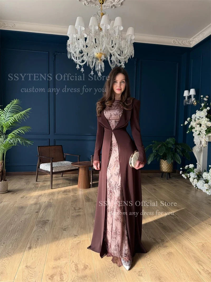 SSYTENS Saudi Arabia Lace Evening Dress Elegant Long Sleeves Dubai Wedding Prom Gown Abaya Popular Customized Formal Party Wear