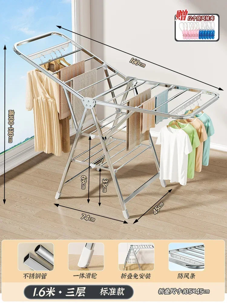 Stainless Steel Folding Drying Rack Balcony Floor Multi-functional Drying Rack Outdoor Wing Folding Clothesline