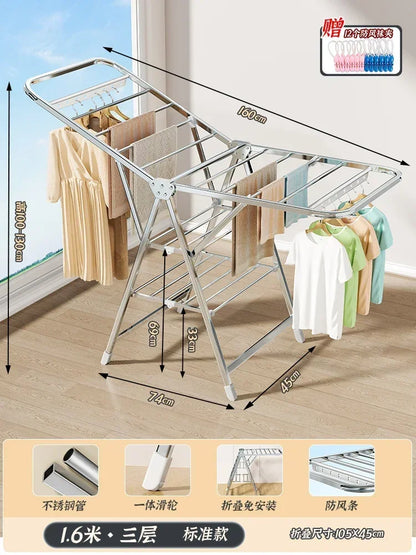 Stainless Steel Folding Drying Rack Balcony Floor Multi-functional Drying Rack Outdoor Wing Folding Clothesline