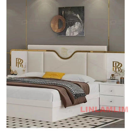 6-Piece Luxury White & Gold Bedroom Set with Latex Mattress, Bed, Wardrobe, Nightstands and Vanity Table, Bedroom Collection