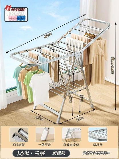 Stainless Steel Folding Drying Rack Balcony Floor Multi-functional Drying Rack Outdoor Wing Folding Clothesline