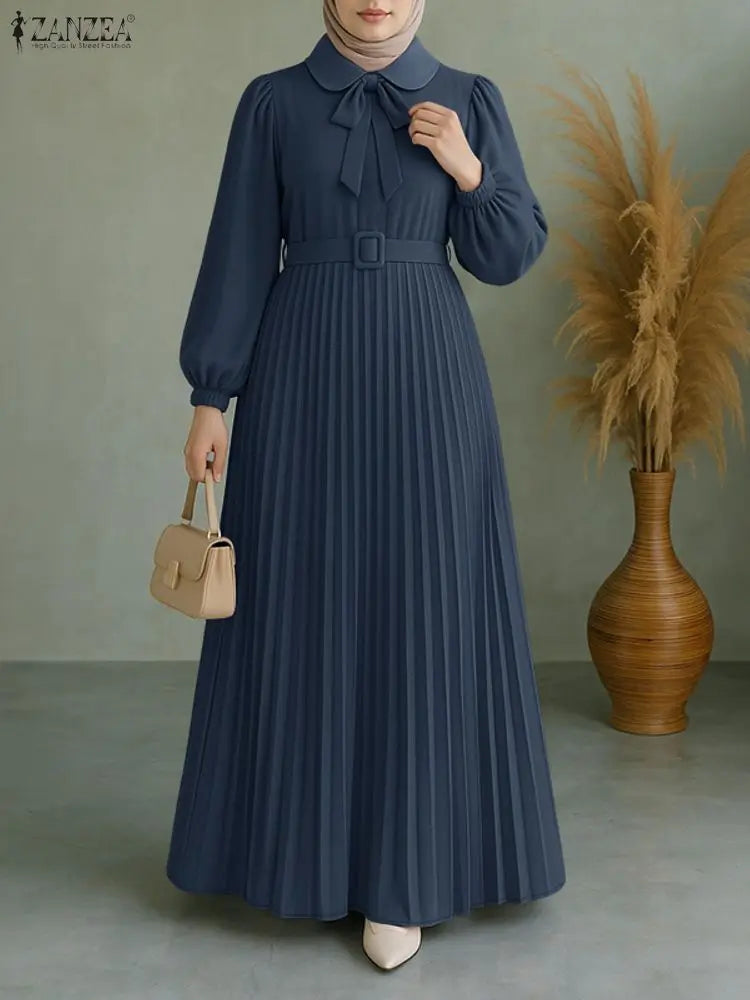 Elegant Muslim Dress Abaya ZANZEA Women 2025 Autumn Dresses Long Lantern Sleeve Pleated Sundress Belted Robe Femme Party Vestido