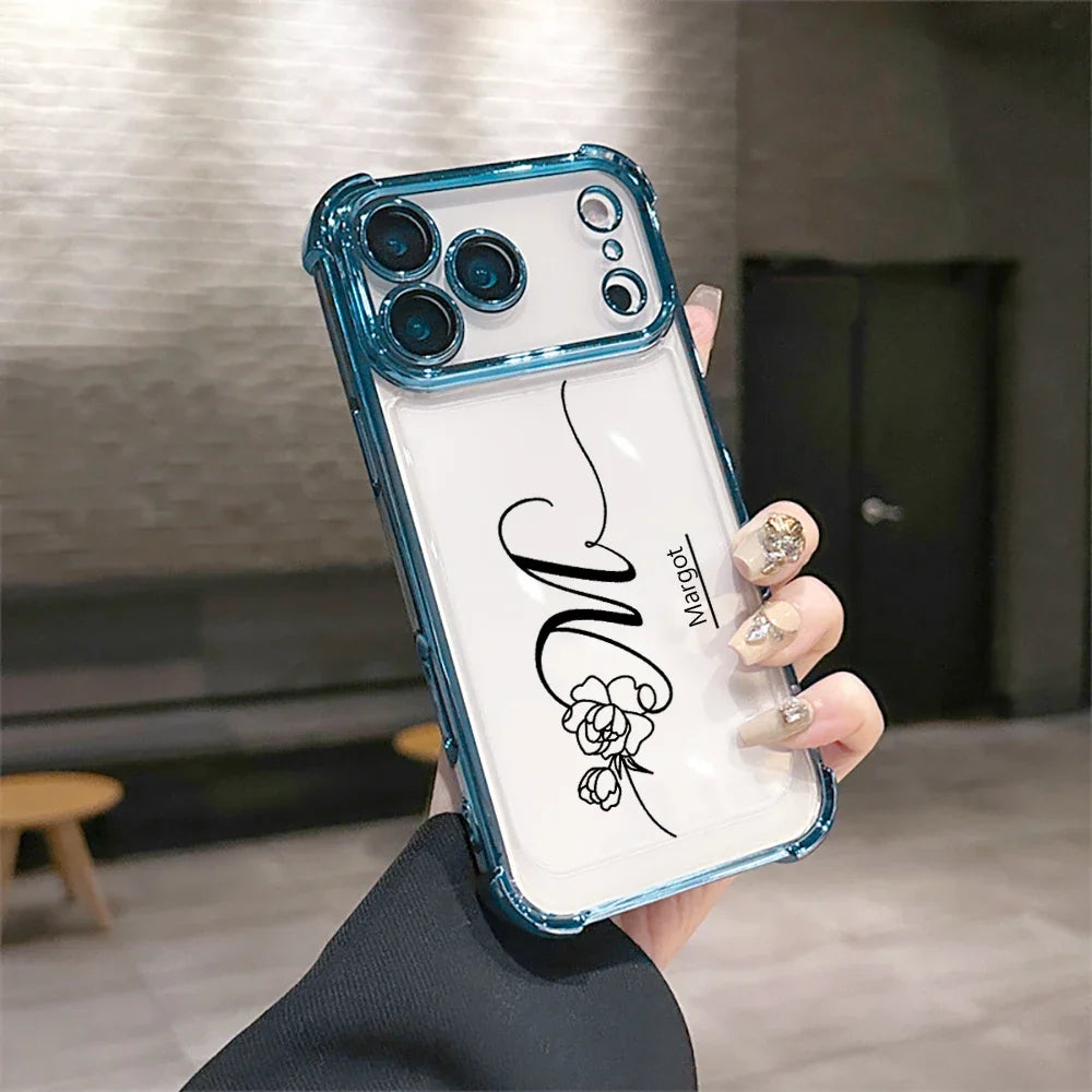 Customized Rose Name Initial Big Letter Clear Phone Case For iPhone 11 12 13 14 15 16 17 Pro Max Plating Acrylic Lens Protector