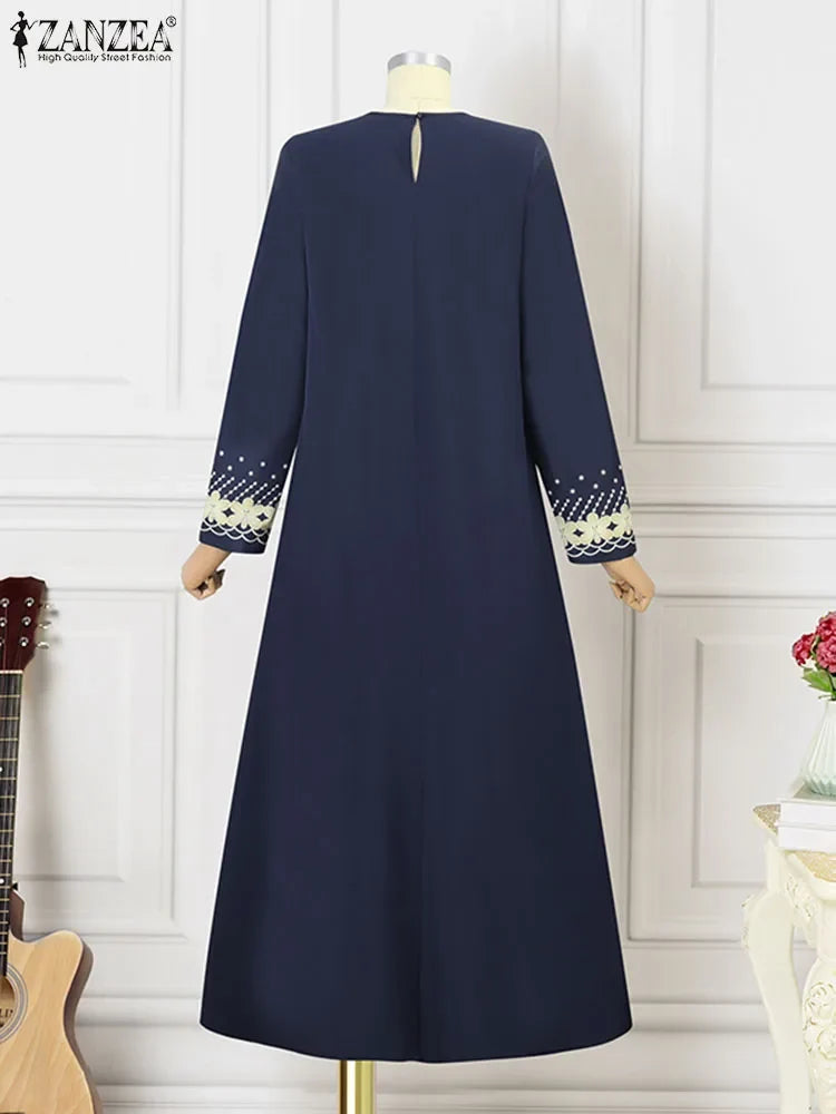 ZANZEA Muslim Fashion Dresses Abaya Women Elegant Long Sleeve Floral Printed Maxi Sundress Vestidos Kaftan IsIamic Robe Ramadan