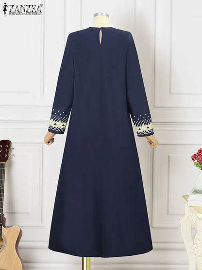 ZANZEA Muslim Fashion Dresses Abaya Women Elegant Long Sleeve Floral Printed Maxi Sundress Vestidos Kaftan IsIamic Robe Ramadan