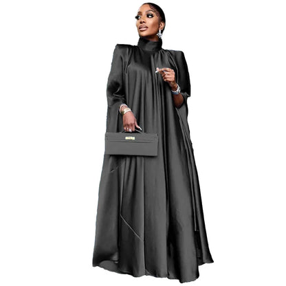 Fashion Luxury Dubai Indian Dress Muslim Abaya for Women Elegant High Neck Loose Pullover Solid Satin Party Evening Dresses Robe