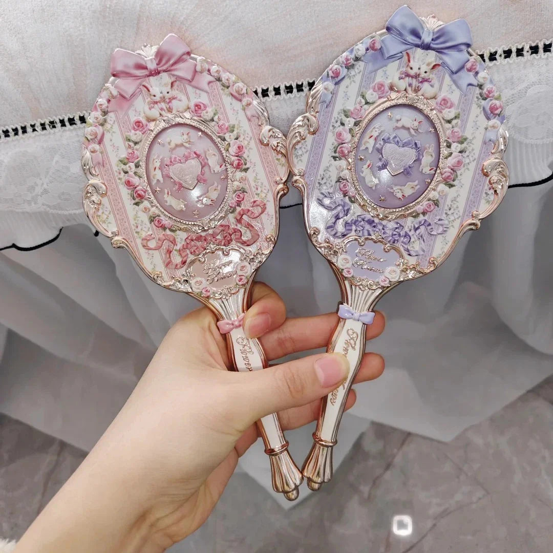 Flower Know Bunny Garden Collection Hand Mirror Portable Handheld Makeup Mirror Cute Mirror Soft Girl Style Princess Makeup Tool